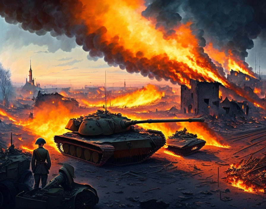 Soldier in Battlefield Amid Tanks and Ruins