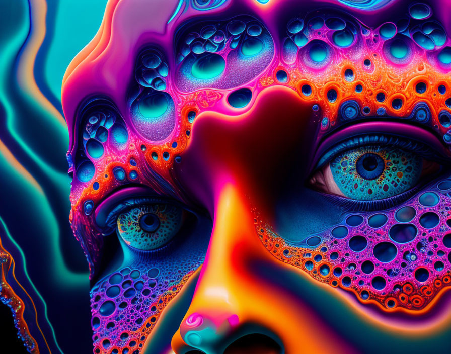 Vibrant surreal digital art with psychedelic colors and realistic blue eyes