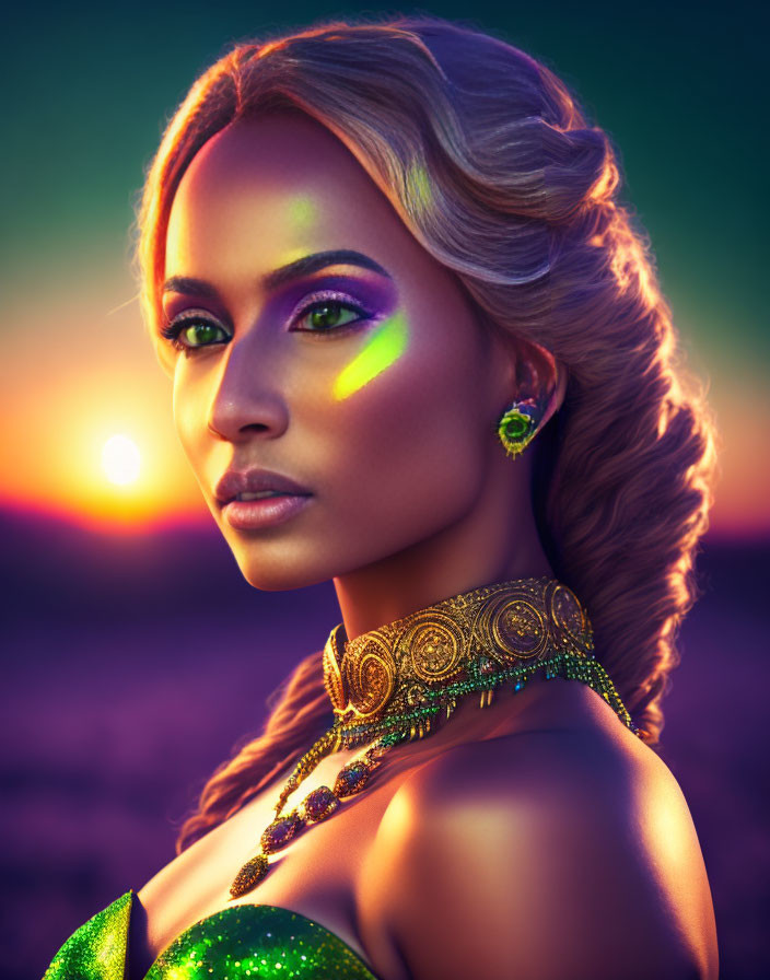 Woman in Green Attire with Golden Jewelry at Sunset