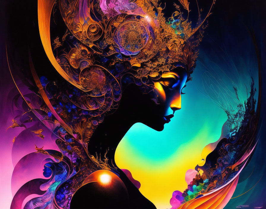 Colorful profile view digital artwork of surreal female figure with ornate crown