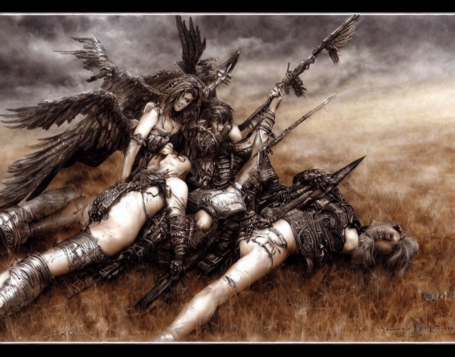 Warrior figures in dramatic battlefield scene with angelic wings amidst chaos.