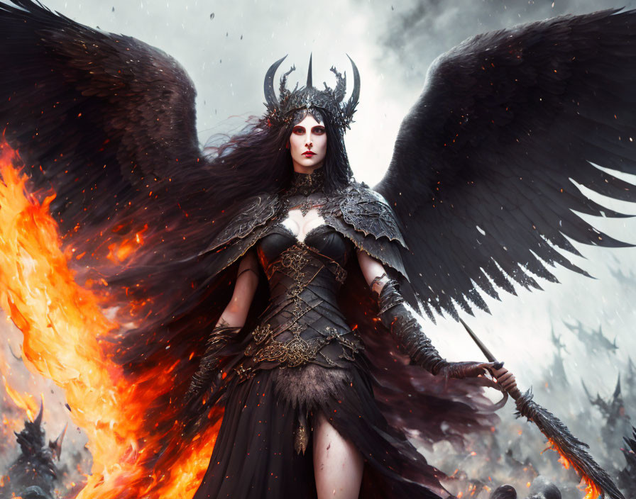 Fantasy woman with black wings in dark outfit among flames