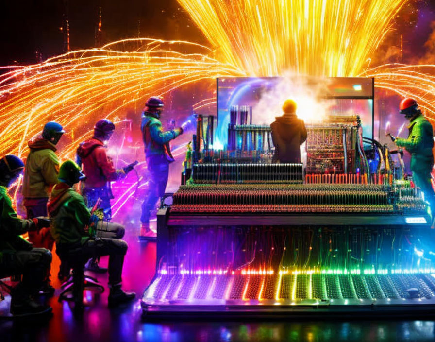 Colorful industrial equipment monitored by workers with sparks.