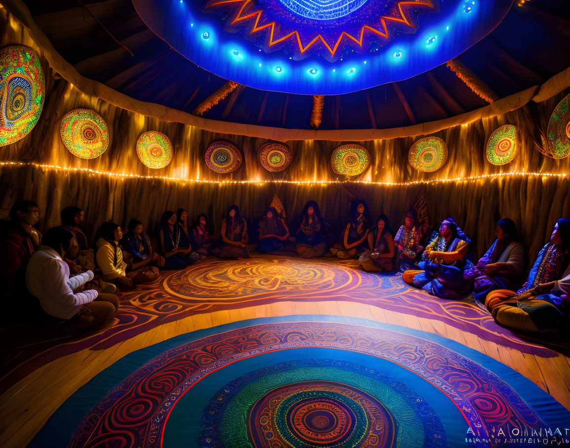 Vibrantly decorated yurt with intricate patterns and blue glowing centerpiece