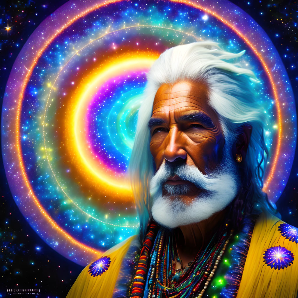 White-Haired Elder Man in Yellow Garment Against Cosmic Background