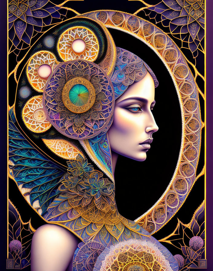 Profile of woman with cosmic patterns and mandalas in art nouveau style