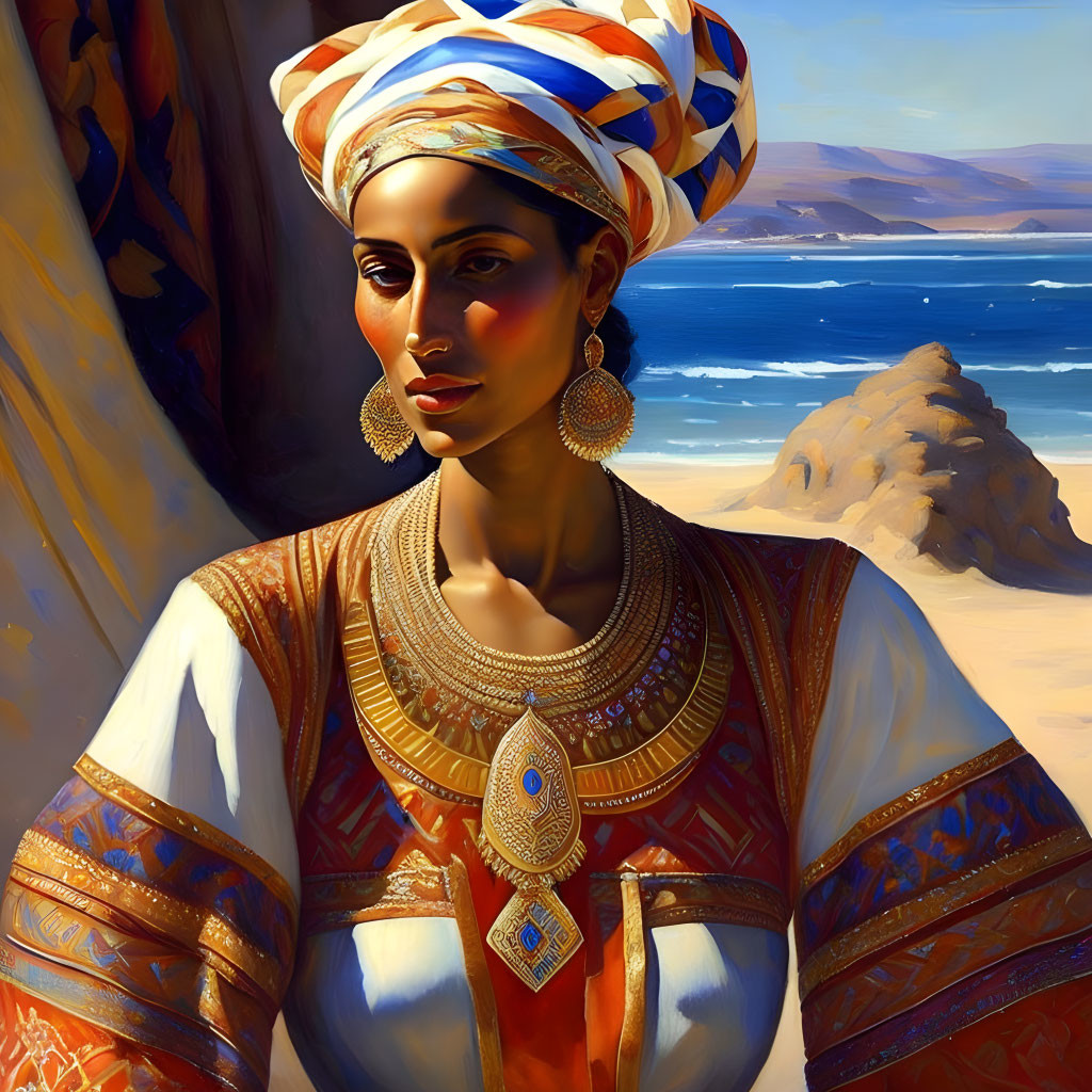 Woman in Colorful Turban and Traditional Attire Overlooking Coastal Landscape