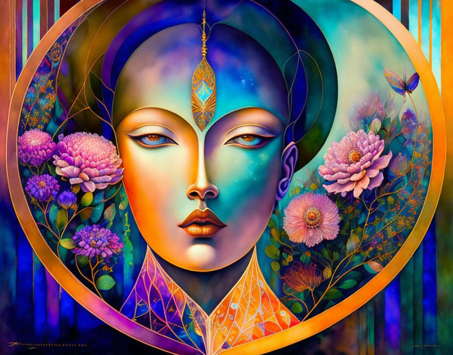 Ethereal female face in ornate circle with vibrant flowers