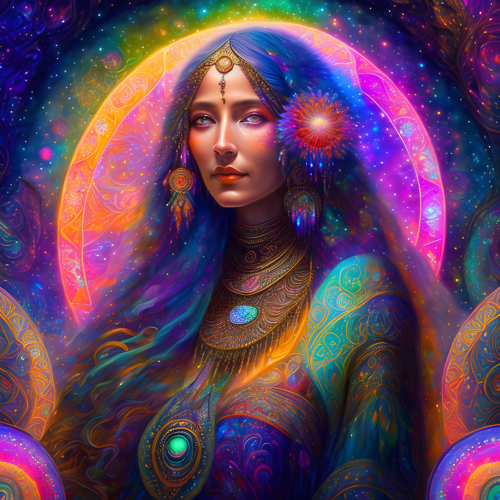 Colorful digital portrait of a woman with blue hair and golden jewelry against a cosmic backdrop.