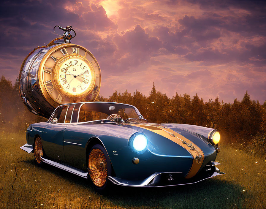 Vintage Car and Pocket Watch Artwork in Twilight Scene