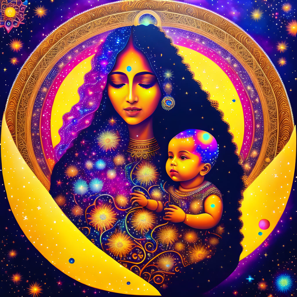 Illustration of woman with starry aura holding child in crescent moon with celestial motifs