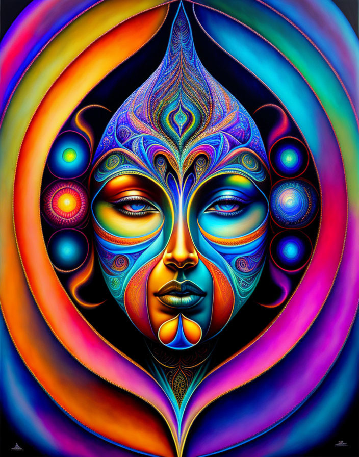 Symmetrical, multi-colored psychedelic portrait with intricate patterns