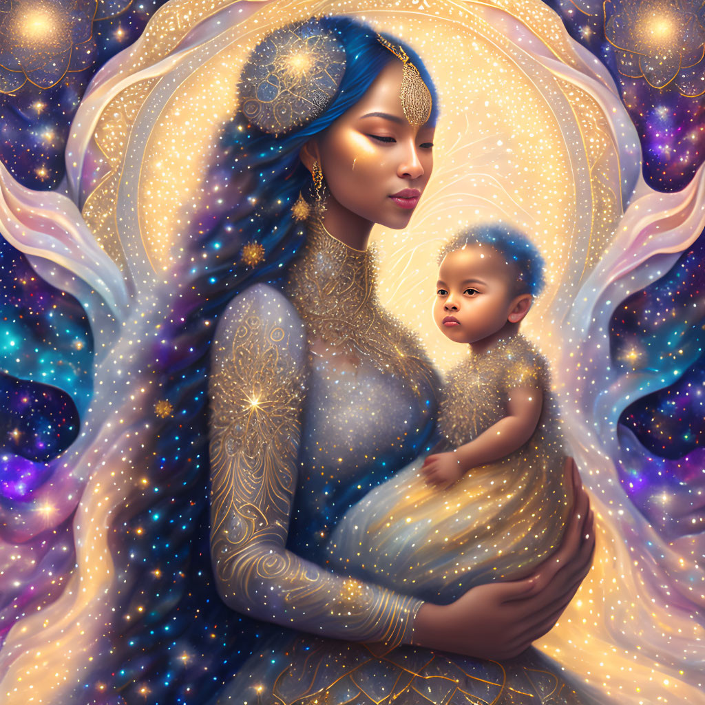 Celestial-themed illustration of woman with blue skin and child under starlit sky