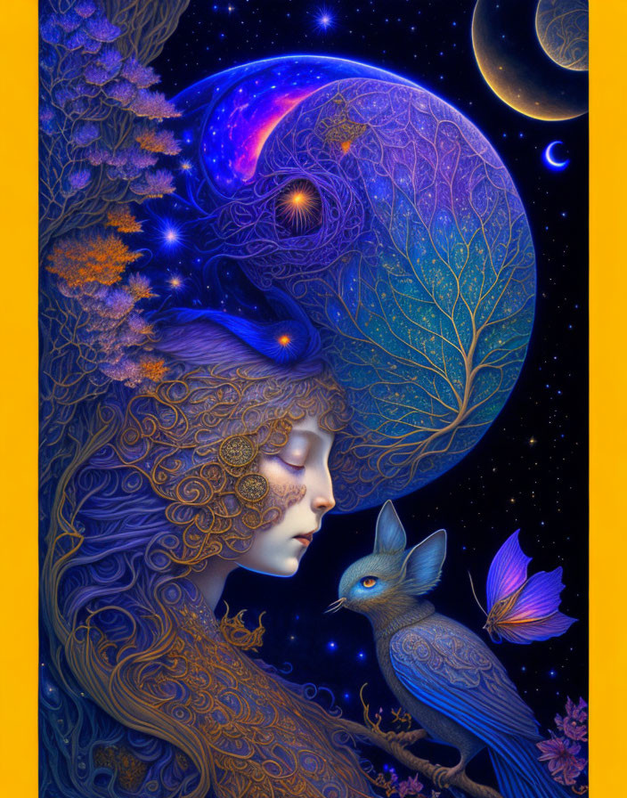 Surreal illustration of woman with ornate cosmic hair in celestial setting