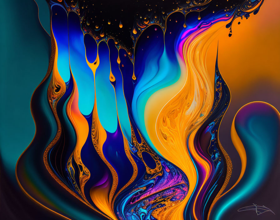 Colorful Abstract Art with Fluid Shapes in Blue, Orange, and Yellow