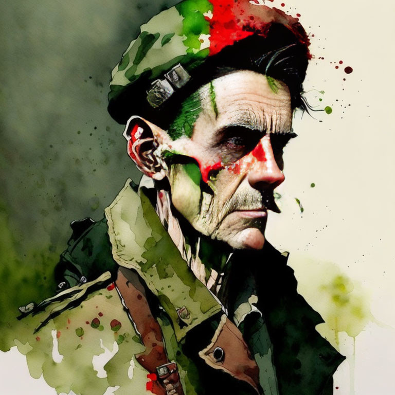 Soldier depicted with stylized, splattered paint effect