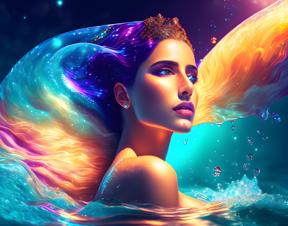 Colorful woman with flowing hair in cosmic setting