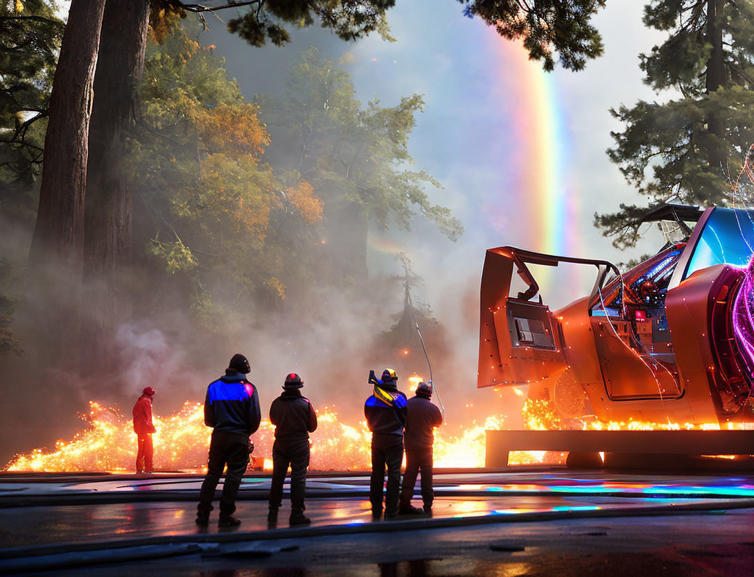 Firefighters monitor controlled burn with rainbow and machinery near forest.