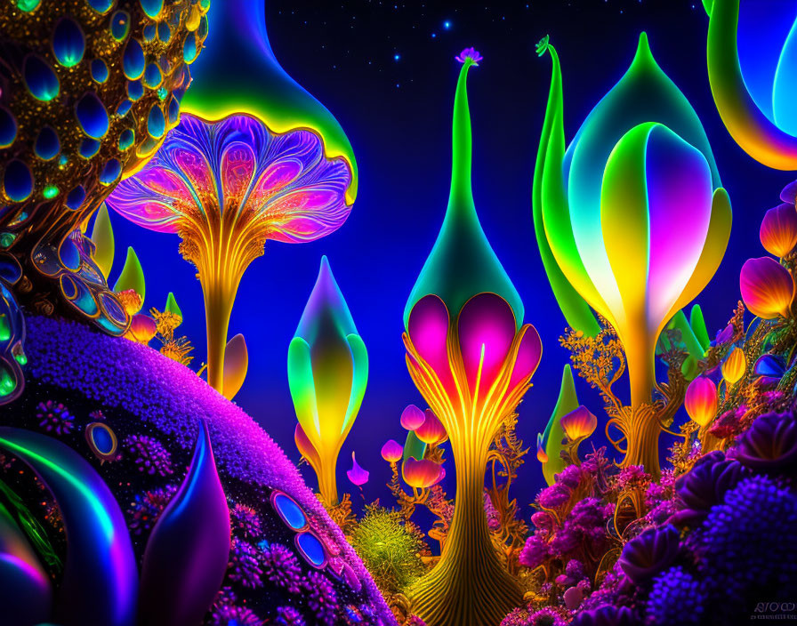 Colorful digital artwork of neon plant-like shapes on starry night sky