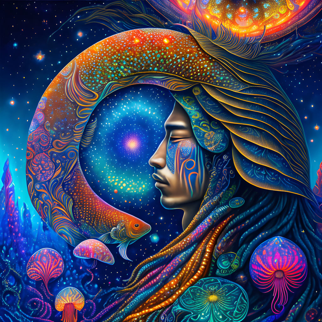 Colorful psychedelic illustration of woman's cosmic face in mystical setting