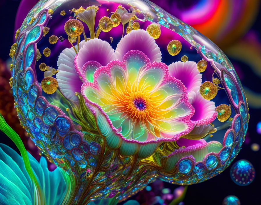 Vibrant digital artwork: fantastical flower in transparent bubble