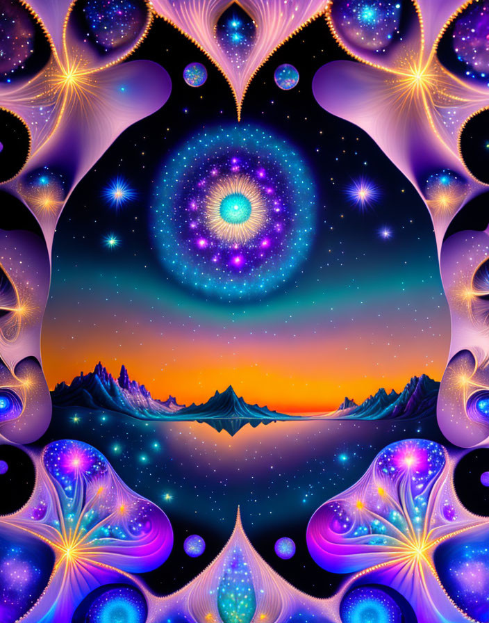 Psychedelic landscape digital artwork with mountains and fractal patterns