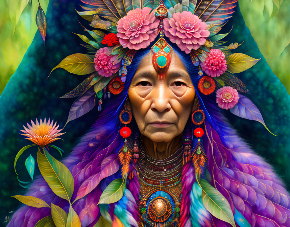 Detailed portrait of a person with elaborate feather and floral headdress