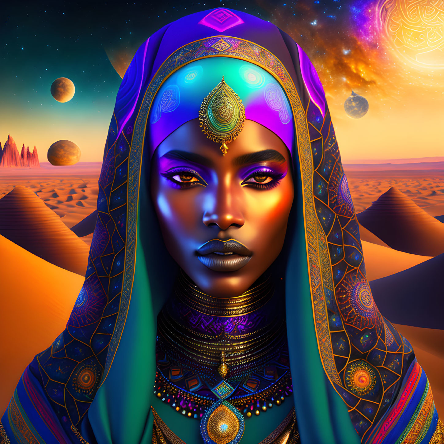 Woman with Elaborate Face Paint and Headscarf in Desert Scene