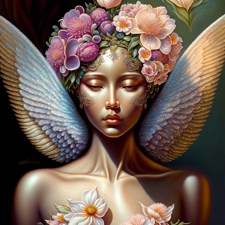 Serene female figure with closed eyes, floral headpiece, butterfly wings