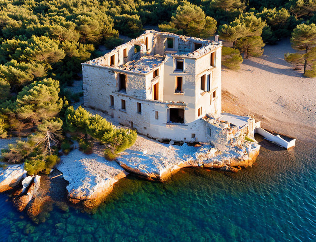 Abandoned stone building on rugged coastline at sunset