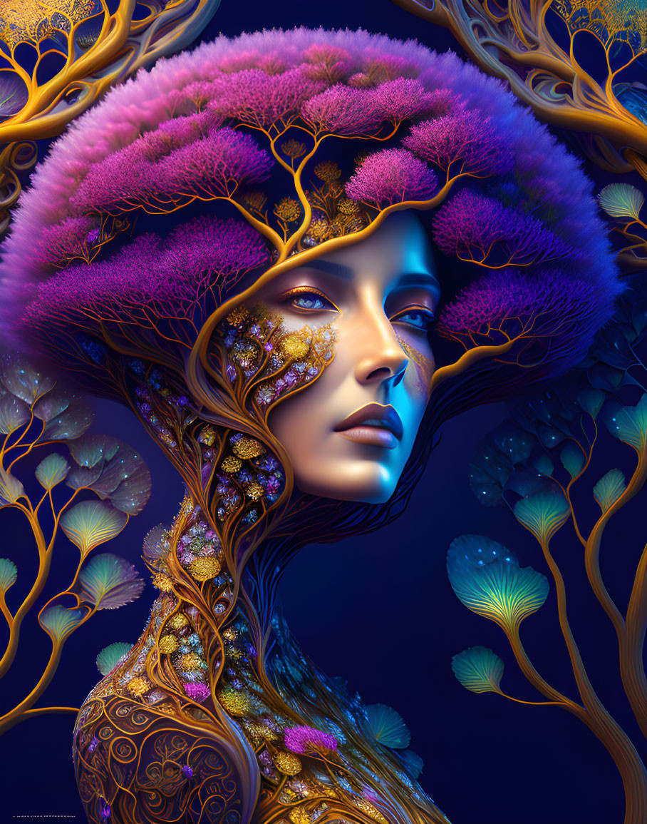 Surreal portrait: woman with coral tree hair, gold accents, dark blue background