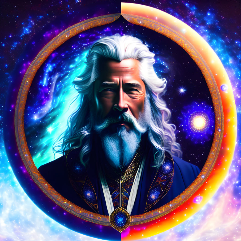 Elder Man with Long White Beard in Cosmic Setting