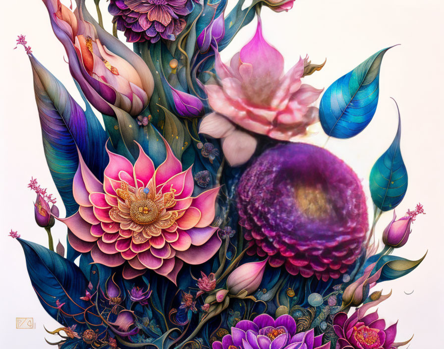 Colorful digital artwork: Fantastical flowers in shades of purple, pink, and blue