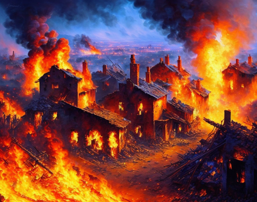 Village engulfed in intense blaze with fiery sky