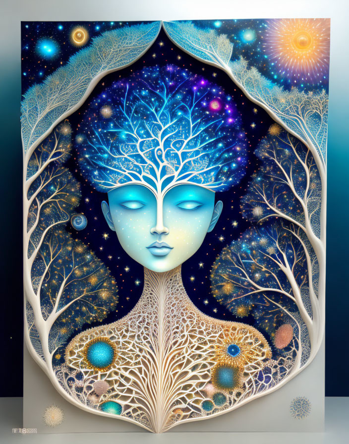 Surreal illustration of tranquil face with tree-like hair in cosmic setting