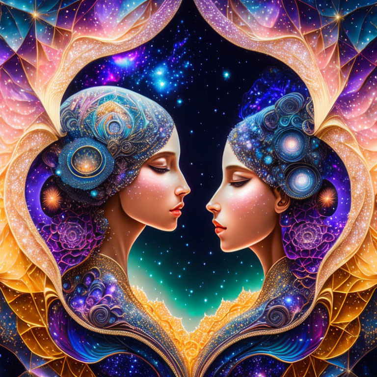 Symmetrical female figures with ornate headpieces in cosmic digital art