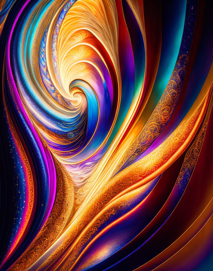 Colorful abstract swirl with blue to orange gradient and ornate patterns.