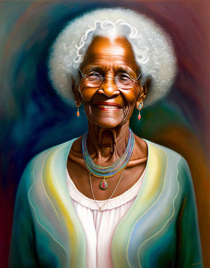 Colorful portrait of smiling elderly woman with white hair and necklaces on swirling red background