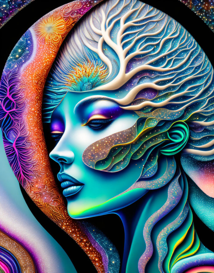 Colorful Digital Artwork of Surreal Woman's Face with Nature-Inspired Elements