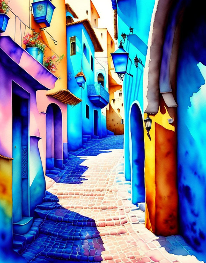 Colorful Artwork: Narrow Street with Blue Walls & Lanterns