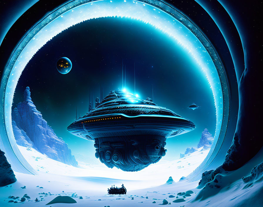 Large Spaceship Hovering Over Icy Planet with Rings