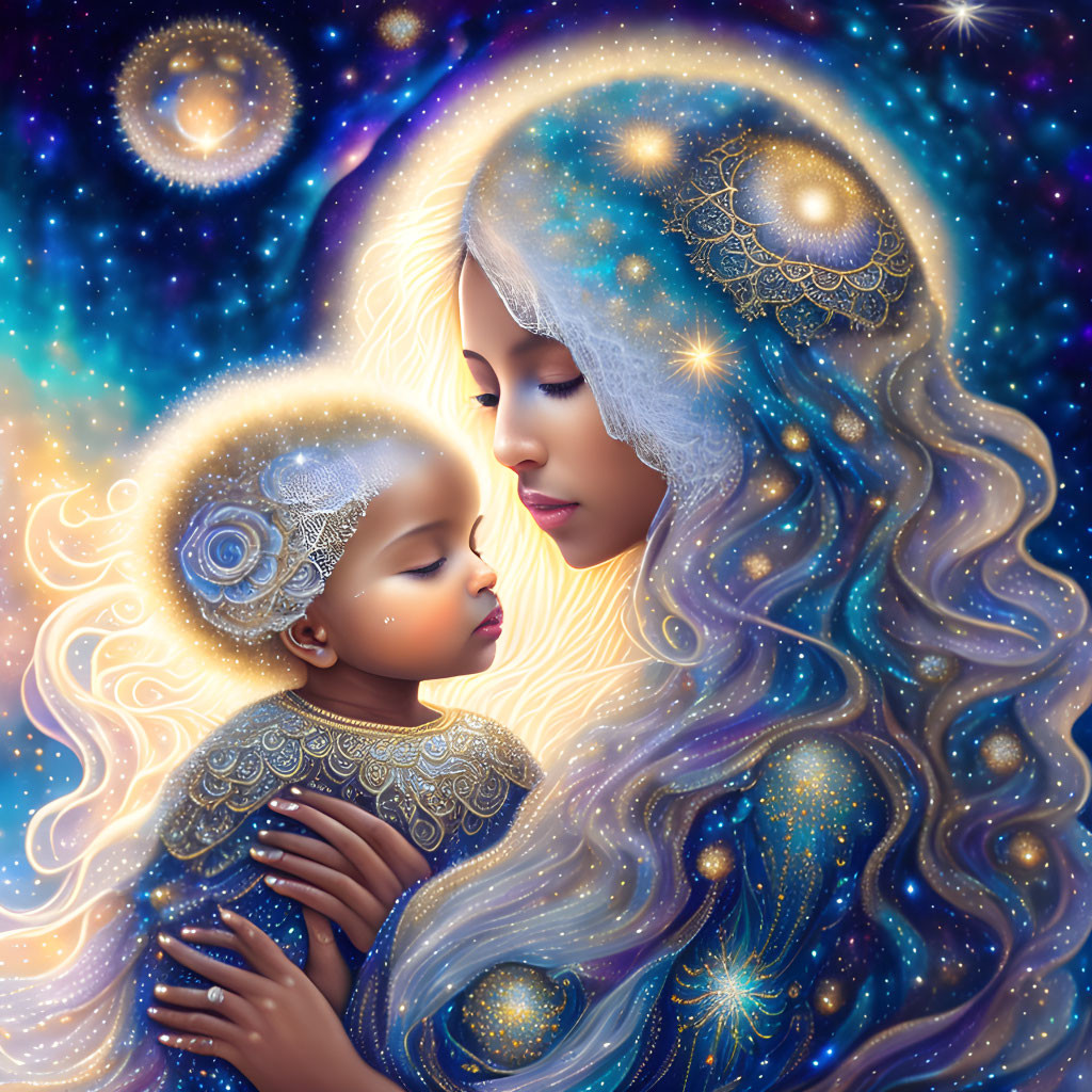 Celestial-themed illustration of woman and child blending into starry cosmos.