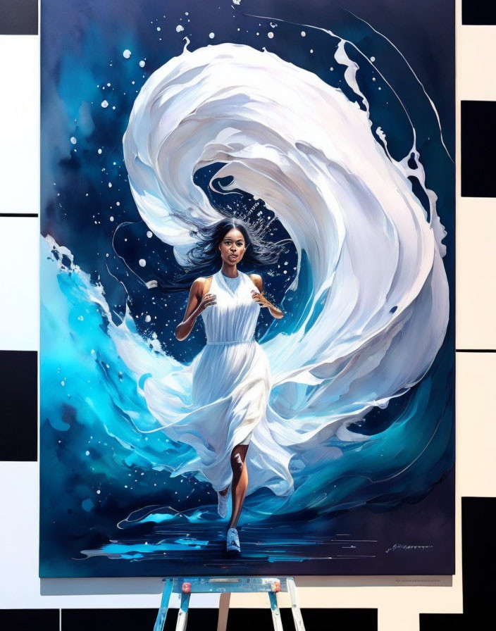 Woman in white dress running with water splash on easel.