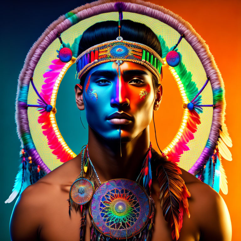 Vibrant portrait of person with indigenous-inspired makeup and headdress on neon gradient backdrop