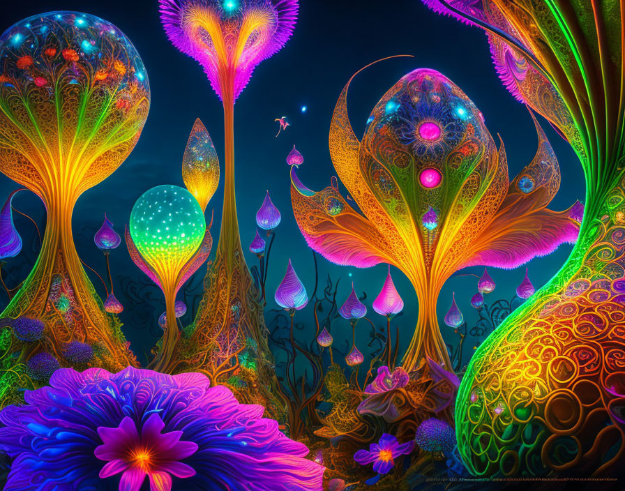 Colorful Psychedelic Landscape with Glowing Flora and Starry Sky