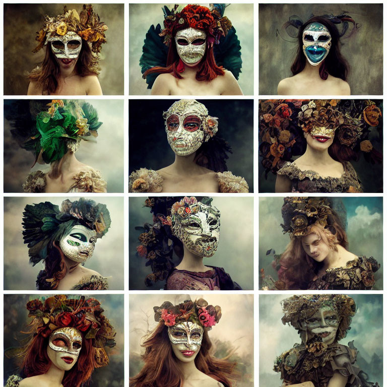 Collage of 12 Images: Elaborate Masks & Headdresses with Feathers, Flowers,