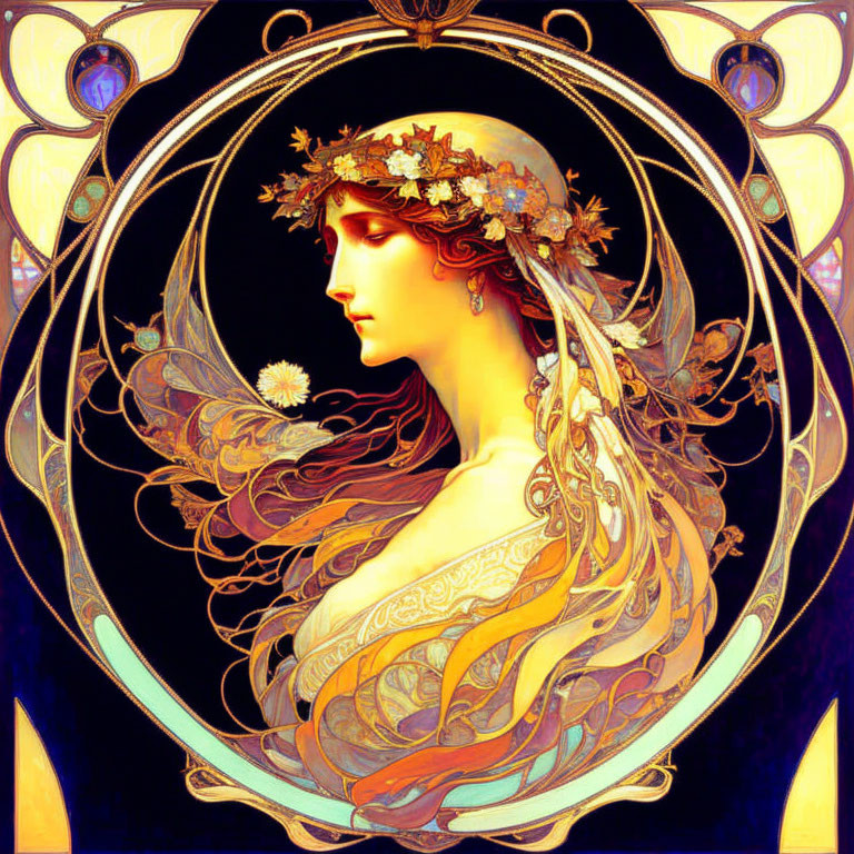 Art Nouveau Woman Illustration with Floral Crown & Flowing Hair