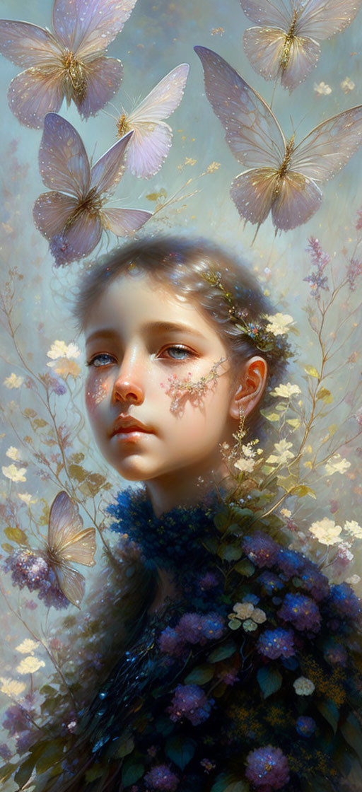 Illustration of young girl with butterflies and flowers in dreamy setting