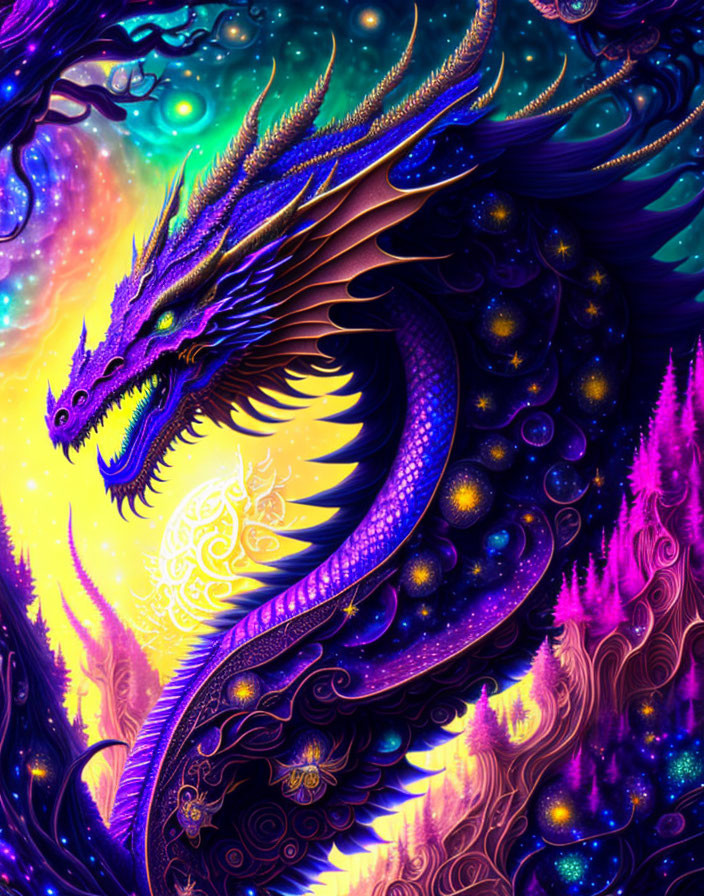 Majestic purple dragon in cosmic forest scene