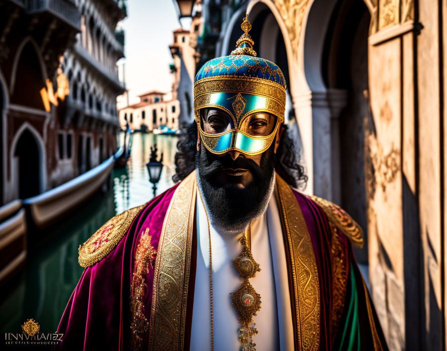 Ornate Blue and Gold Mask at Venice Carnival